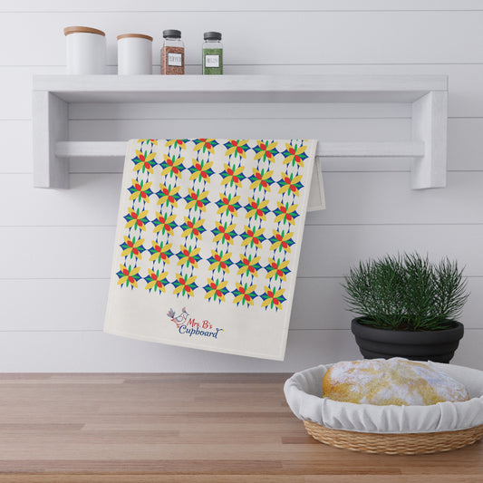Colorful Quilt Block Pattern Tea Towel | Mrs. B's Cupboard Logo
